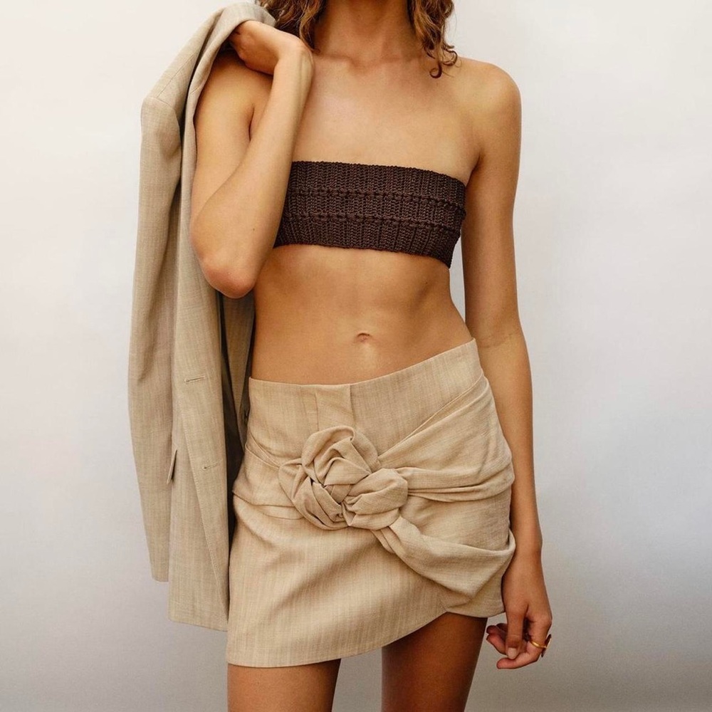 Zara linen rosette khaki Women’s Knot-Front Mini Skirt Light Beige dress